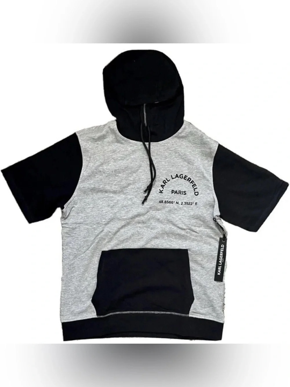 Karl Lagerfeld Paris Black & Gray Hoodie Short Sleeve Sweatshirt Men's Large NWT